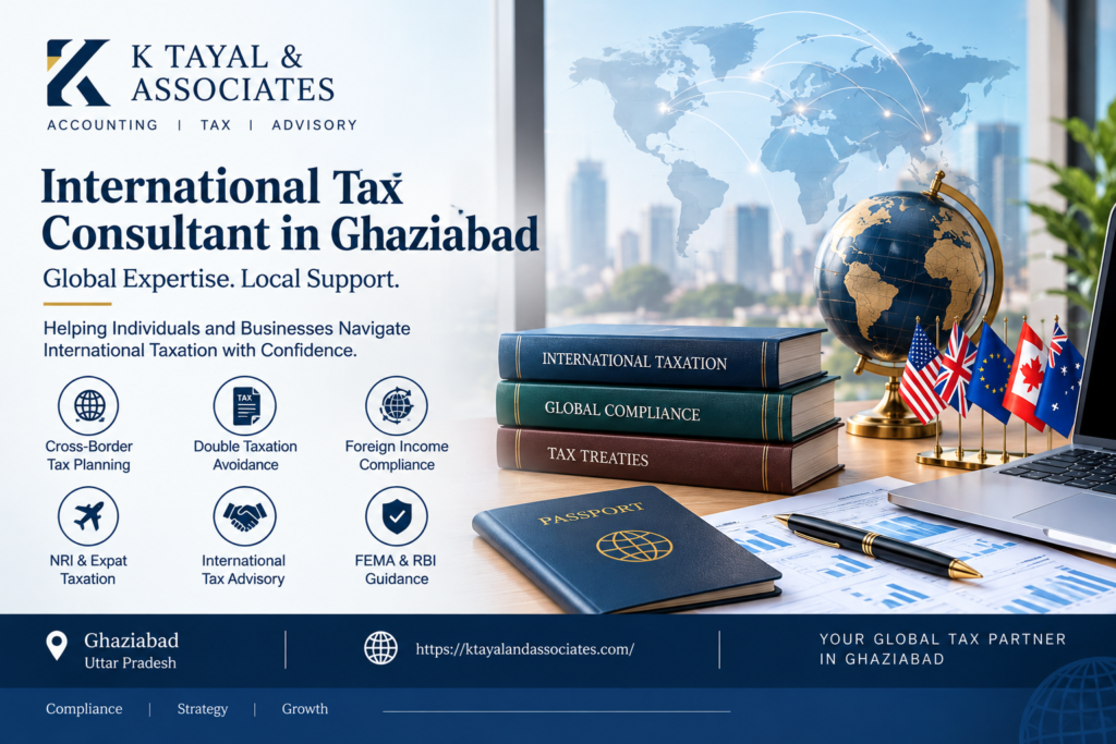 International Tax Consultant in Ghaziabad, with financial reports, international business documents, a calculator and a globe representing cross-border tax planning and compliance.